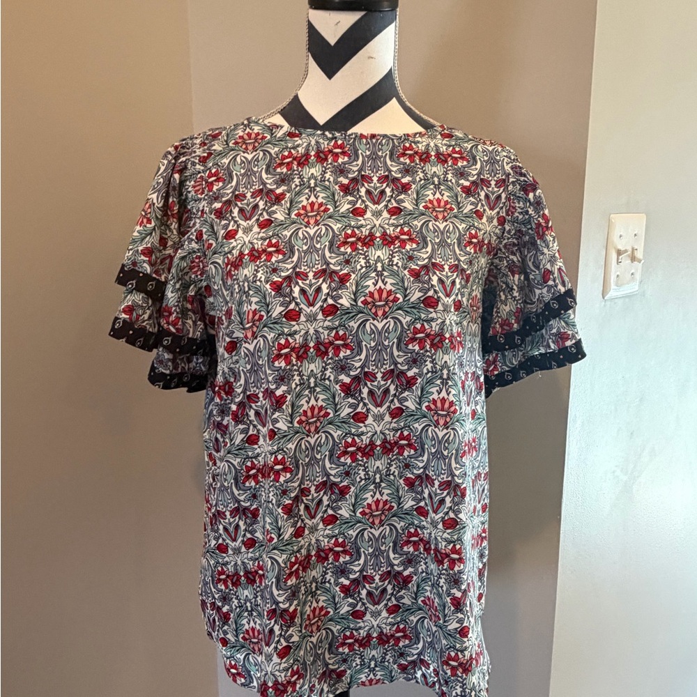 LOFT Floral Print Ruffle Sleeve Top - Red, Black, White